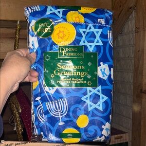 VTG Hanukkah Tablecloth Vinyl Flannel Back jRoumd 60” Holiday NEW